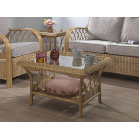 Desser Viola Light Oak Natural Rattan Coffee Table with Glass Top Table Real Cane Wicker Tea Table - H48cm x W72cm x D60cm