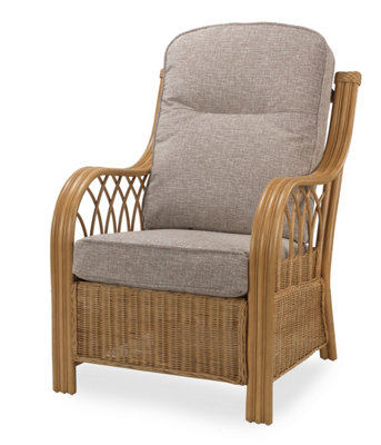 Desser Viola Light Oak Natural Rattan Conservatory Armchair Real Cane Indoor Wicker Chair with UK Sewn Cushion in Monarch Beige