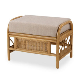 Desser Viola Light Oak Natural Rattan Footstool Real Cane Indoor Cushioned Footrest with UK Sewn Cushion in Biscuit Fabric