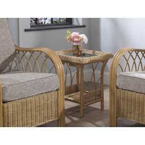 Desser Viola Light Oak Natural Rattan Lamp Table with Glass Top Real Cane Wicker Side Table - H57cm x W47cm x D47cm