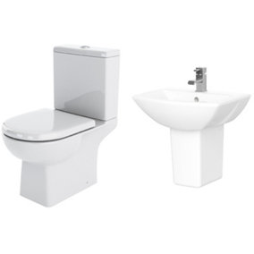Destin Square Ceramic Bathroom Set - Includes Close Coupled Toilet Pan, Cistern, Seat, 1 Tap Hole 500mm Basin and Semi Pedestal