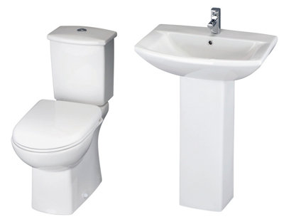 Destin Square Ceramic Set - Includes Close Coupled Toilet Pan, Cistern, Seat, 1 Tap Hole 600mm Basin & Full Pedestal - Balterley