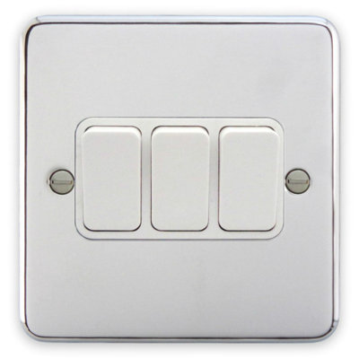 Deta 1905CHW Light Switch 3 Gang 2 Way 10A (Polished Chrome / White Insert)