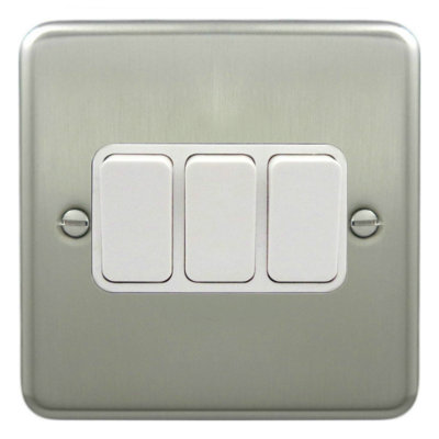 Deta 1905SCW Light Switch 10 Amp 3 Gang 2 Way Satin Chrome / White Inserts