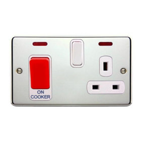 Deta 1927CHW Cooker Control Unit with Socket & Neon Indicators - 45A (Polished Chrome / White Insert)