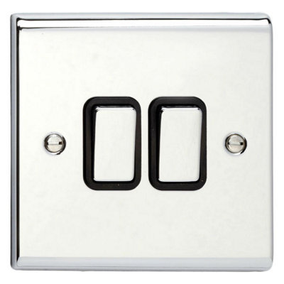 Deta SD1204CHB Light Switch 10 Amp 2 Gang 2 Way (Polished Chrome / Black Insert)