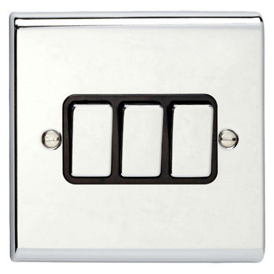 Deta SD1205CHB Light Switch 10 Amp 3 Gang 2 Way (Polished Chrome / Black Insert)