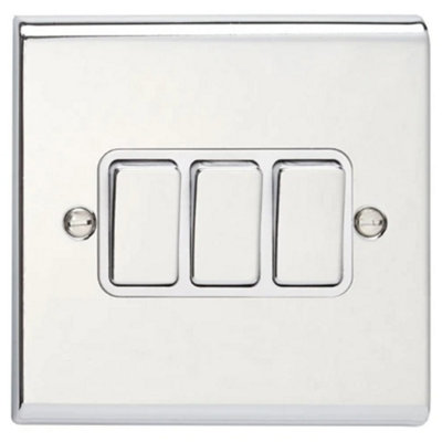 Deta SD1205CHW Slimline Décor Light Switch 10 Amp 3 Gang 2 Way (Polished Chrome / White Insert)