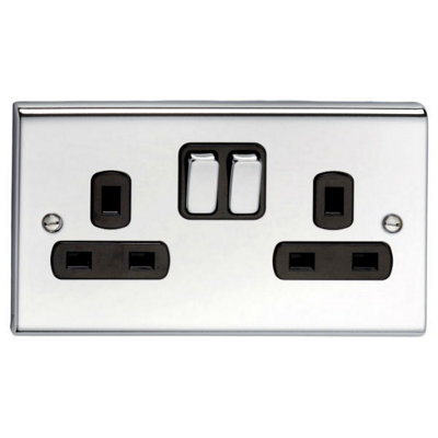 Deta SD1209CHB Switched Socket Outlet 13 Amp - 2 Gang Polished Chrome / Black