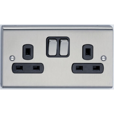 Deta SD1209SSB Switch Socket Outlet 13 Amp 2 Gang (Stainless Steel / Black Inserts)