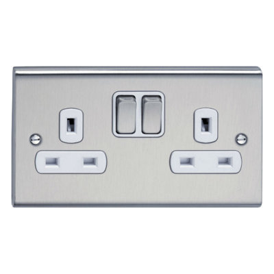 Deta SD1209SSW Switch Socket Outlet 13 Amp - 2 Gang (Stainless Steel / White Inserts)