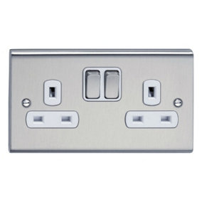 Deta SD1209SSW Switch Socket Outlet 13 Amp - 2 Gang (Stainless Steel / White Inserts)