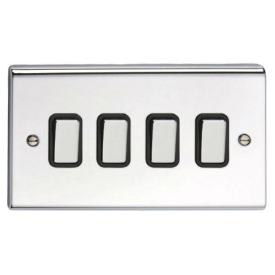 Deta SD1244CHB Light Switch 10 Amp 4 Gang 2 Way (Polished Chrome / Black Insert) - SD1244CHB