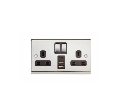 Deta SD1288CHB Slimline Twin 13 Amp Switch Socket c/w 3 x USB Polished Chrome