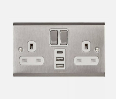 Deta SD1288SSW Slimline Twin 13 Amp Double Pole Switch Socket  2 x USB Charging Ports  1 x USB-C Charging Port STAINLESS STEEL