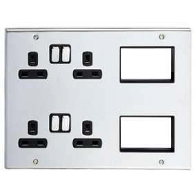 Deta SD1975CHB Multi-Media Lounge Plate with 2 x Twin Switch Sockets & 6 Euro Module Spaces (Polished Chrome /Black Inserts)
