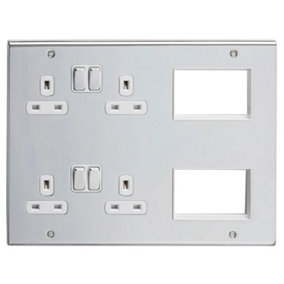 Deta SD1975CHW Multi-Media Lounge Plate with 2 x Twin Switch Sockets & 6 Euro Module Spaces (Polished Chrome /White Inserts