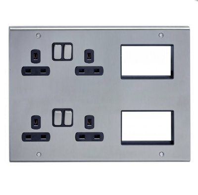 Deta SD1975SSB Multimedia Lounge Plate 2 x 13A Sockets + 2X3 Modular Spaces (Stainless Steel / Black Inserts)