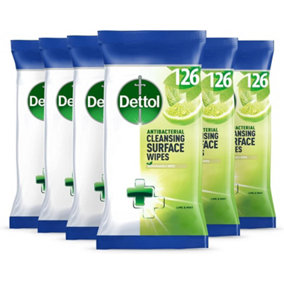 Dettol Antibacterial Cleaning Disinfectant Wipes, Biodegradable, Lime & Mint Fragrance, Multipack of 6 x 126