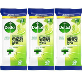 Dettol Cleansing Surface Wipes Antibacerial Lime & Mint 72 Wipes - Pack of 3
