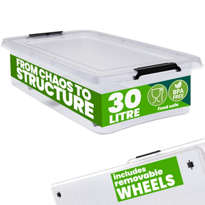 DEUBA 4x 30 Litre Storage Boxes with Lids, Removable Wheels, Click Lock ...