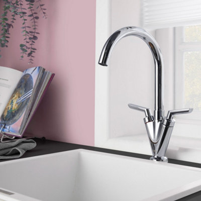 Deva Dual Lever Mono Kitchen Sink Basin Mixer Tap With Chrome Finish Swivel Spout Large Hot & Cold Easy Use Silver Handles