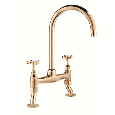 Deva Traditional Gold Bridge Kitchen Mixer Tap Deck Mounted Coronation Faucet With Swivel Spout