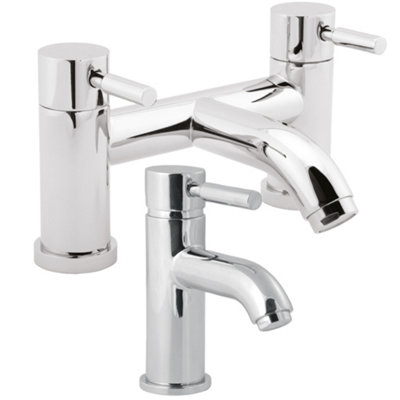 Deva VISION Mono Basin Mixer Tap With Press Top Waste + Bath Filler Pillar Set In Chrome - Large SINGLE LEVER Handles