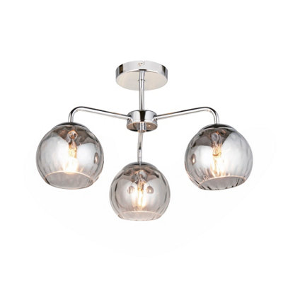 Devante Chrome and Smokey Mirror Tinted Glass Shade Modern 3 Light Semi Flush Ceiling Light