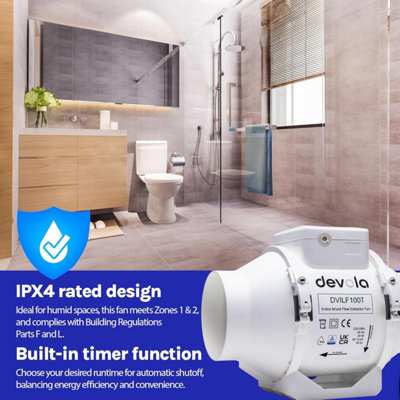 Devola 100mm Inline Mixed Flow Extractor Fan with Timer, 4 Inch ...