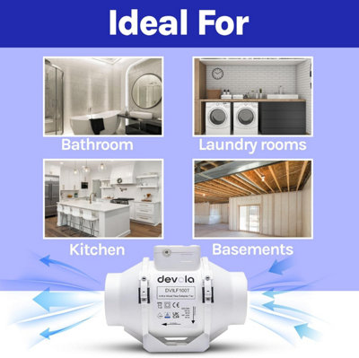Devola 100mm Inline Mixed Flow Extractor Fan with Timer, 4 Inch ...