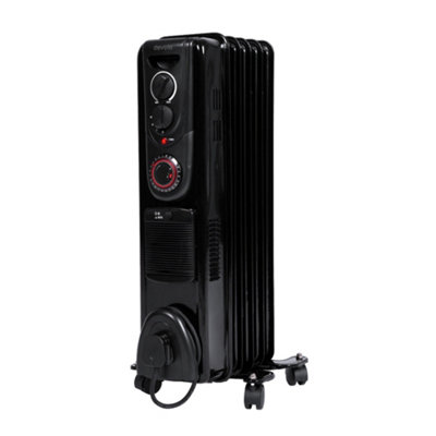 Devola 1500W 5 Fin Oil Filled Radiator, Low Energy, Adjustable Heating Dial, 24Hr Timer and Turbo Heating PTC Fan Black