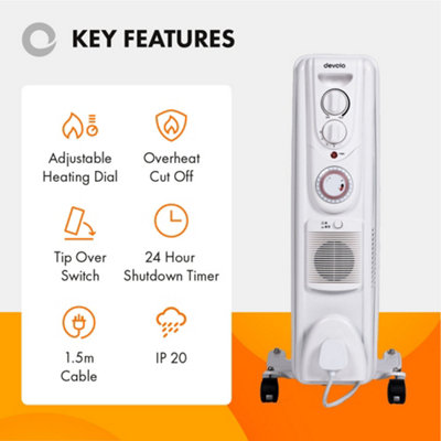 Devola 2000W Oil Filled Radiator Portable Fan Heater 5 Fin Timer White