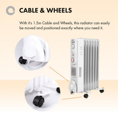Devola 2000W Oil Filled Radiator Portable Fan Heater 5 Fin Timer White
