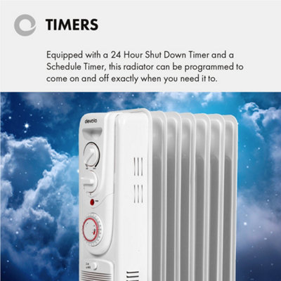 Devola 2000W Oil Filled Radiator Portable Fan Heater 5 Fin Timer White