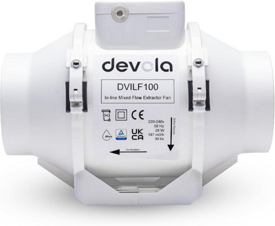 Devola DVILF100 In-line Mixed Flow 100mm 4 inch Standard Extractor Fan for Kitchen and Bathroom, Made in Britain