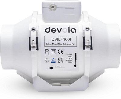 Devola DVILF100T In-line Mixed Flow 100mm 4 inch Timer Extractor Fan for Kitchen and Bathroom, Made in Britain
