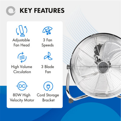 Devola High Power 80W 3 Speed 20-inch DC Floor Fan - Chrome - DV20FFC - 3