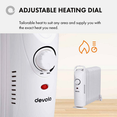 Devola Mini Oil Filled Radiator 11 Fin 1000W, Free Standing Low Energy Electric Heater, Adjustable Heating Dial White