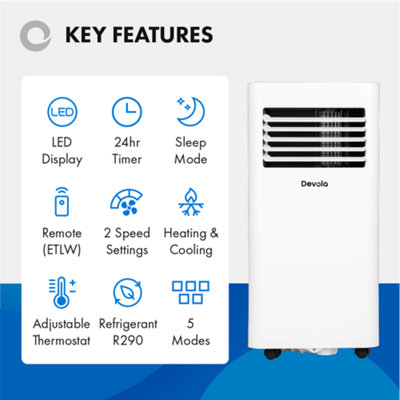 Devola Portable Air Conditioner 10000 BTU Energy Efficient 5-in-1 Heating Function, Remote Control, Timer & Sleep Mode White