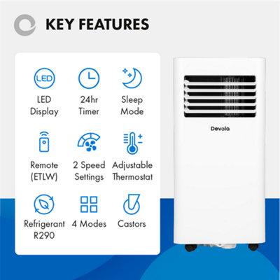 Devola Portable Air Conditioner 9000 BTU Energy Efficient, 4-in-1 with Wi-Fi, Cooling, Dehumidifier, Timer & Remote Control