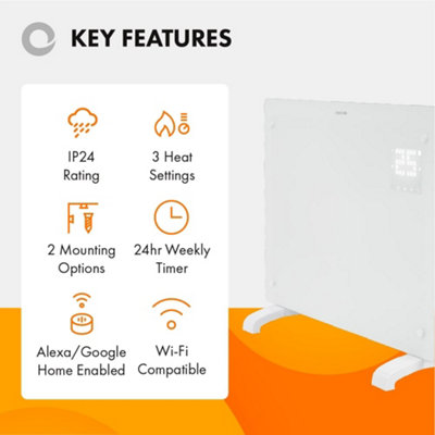 Devola Wifi Enabled Smart Electric Glass Panel Heater 1500W, Alexa Heating Control, Open Window Detection, Wall & Free Standing