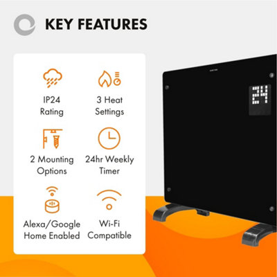 Devola Wifi Enabled Smart Electric Glass Panel Heater 2000W, Alexa Heating Control, Open Window Detection, Wall & Free Standing