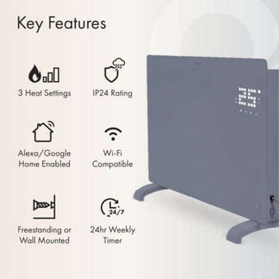 Devola Wifi Smart Electric Glass Panel Heater 1500W, Alexa Heating Control, Open Window Detection, Wall & Free Standing Grey