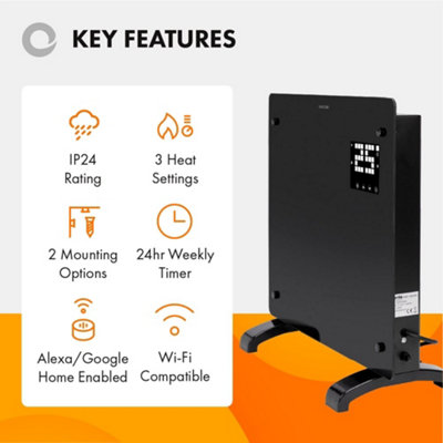 Devola Wifi Smart Electric Glass Panel Heater 500W, Alexa Heating Control, Open Window Detection, Wall & Free Standing Black