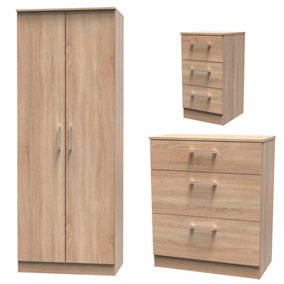 Devon 3 Piece Bedroom Set (Wardrobe, Chest & Bedside) in Bardolino Oak - Ready Assembled