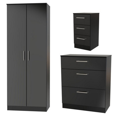 Devon 3 Piece Bedroom Set (Wardrobe, Chest & Bedside) in Black Matt - Ready Assembled