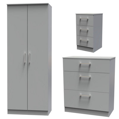 Devon 3 Piece Bedroom Set (Wardrobe, Chest & Bedside) in Dusk Grey - Ready Assembled