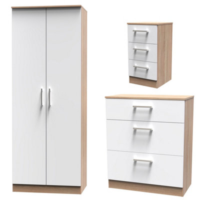 Devon 3 Piece Bedroom Set (Wardrobe, Chest & Bedside) in White Matt & Bardolino Oak - Ready Assembled