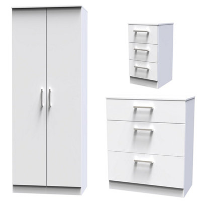 Devon 3 Piece Bedroom Set (Wardrobe, Chest & Bedside) in White Matt - Ready Assembled